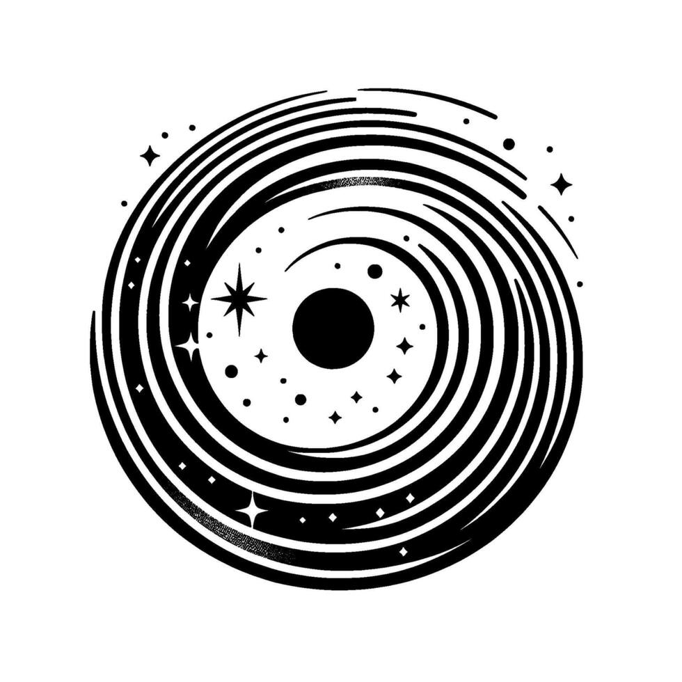 Monochrome spiral galaxy illustration with a central black hole, surrounded by stars and cosmic dust, emanating from the center, . vector