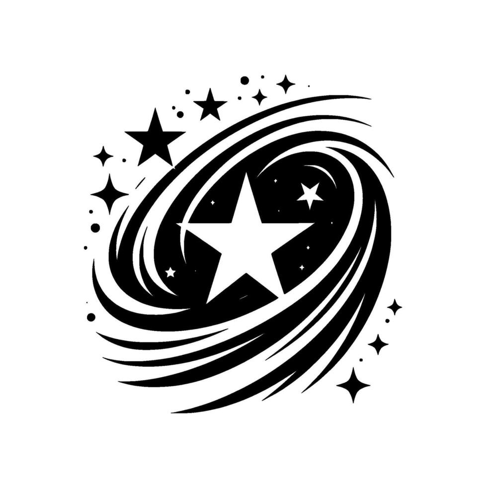 Black and White Starry Swirl A Minimalist Featuring a Central Star Surrounded by Galactic Energy, Sparkles, and Celestial Motifs. vector