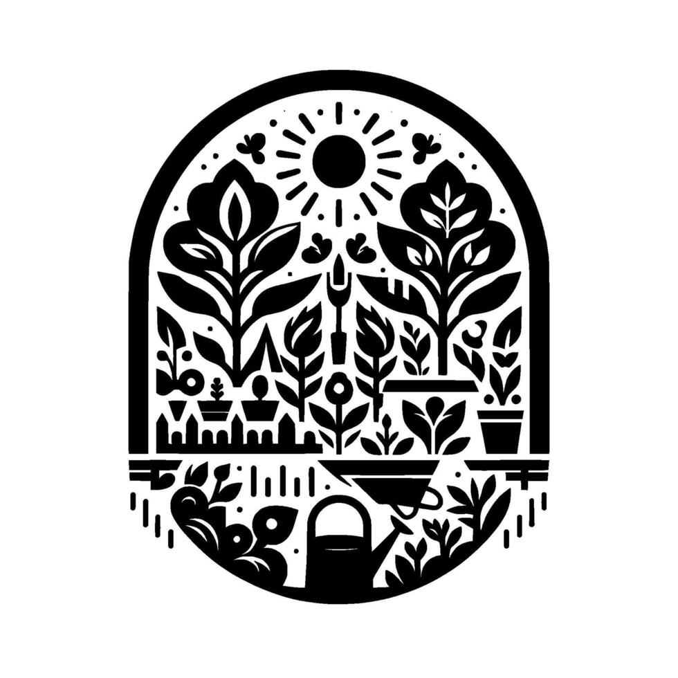 Stylized Black and White Garden Scene Within an Oval Frame Featuring Plants, Sun, and Gardening Tools vector