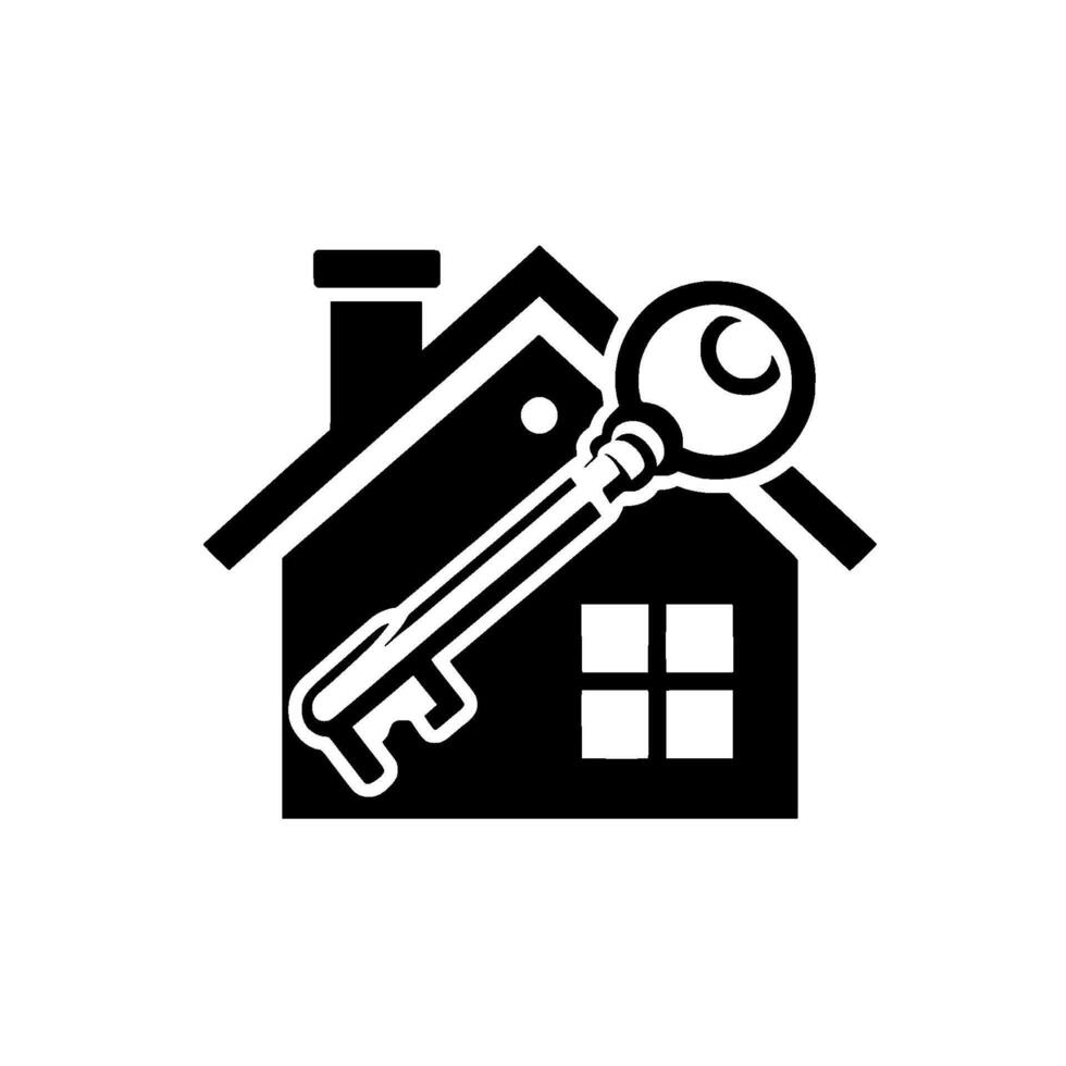 A minimalist black and white illustration featuring a house silhouette, with a key overlaying to represent homeownership. vector