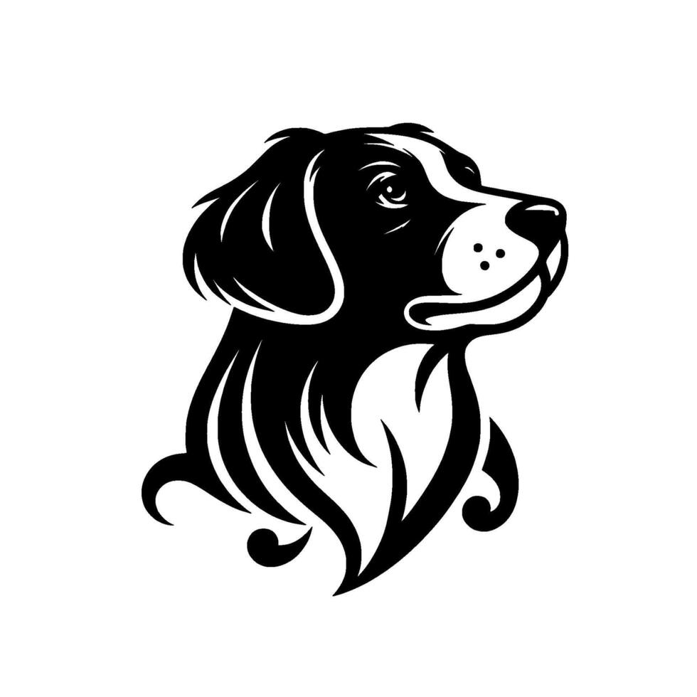 Black and white stylized dog portrait, featuring a border collielike appearance, with flowing fur and upward gaze. vector