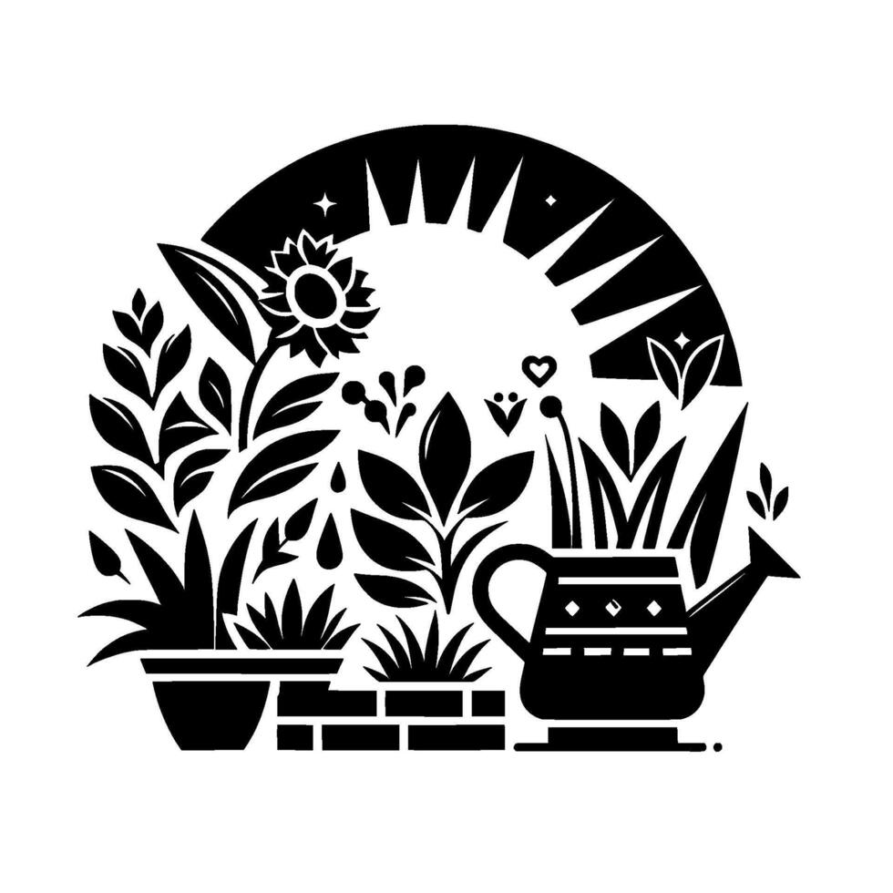 Black and White Garden Scene Sunlit Plants and Watering Can Arranged in a Semicircle with Sun and Heart. vector