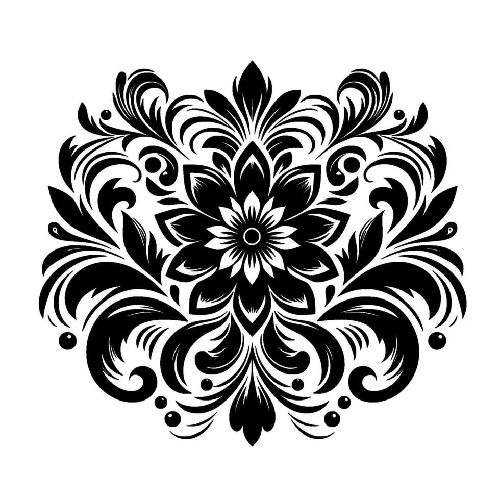 Intricate Black and White Floral Mandala, Symmetric with Leafy Elements and Ornamental Swirls, Isolated on White. vector