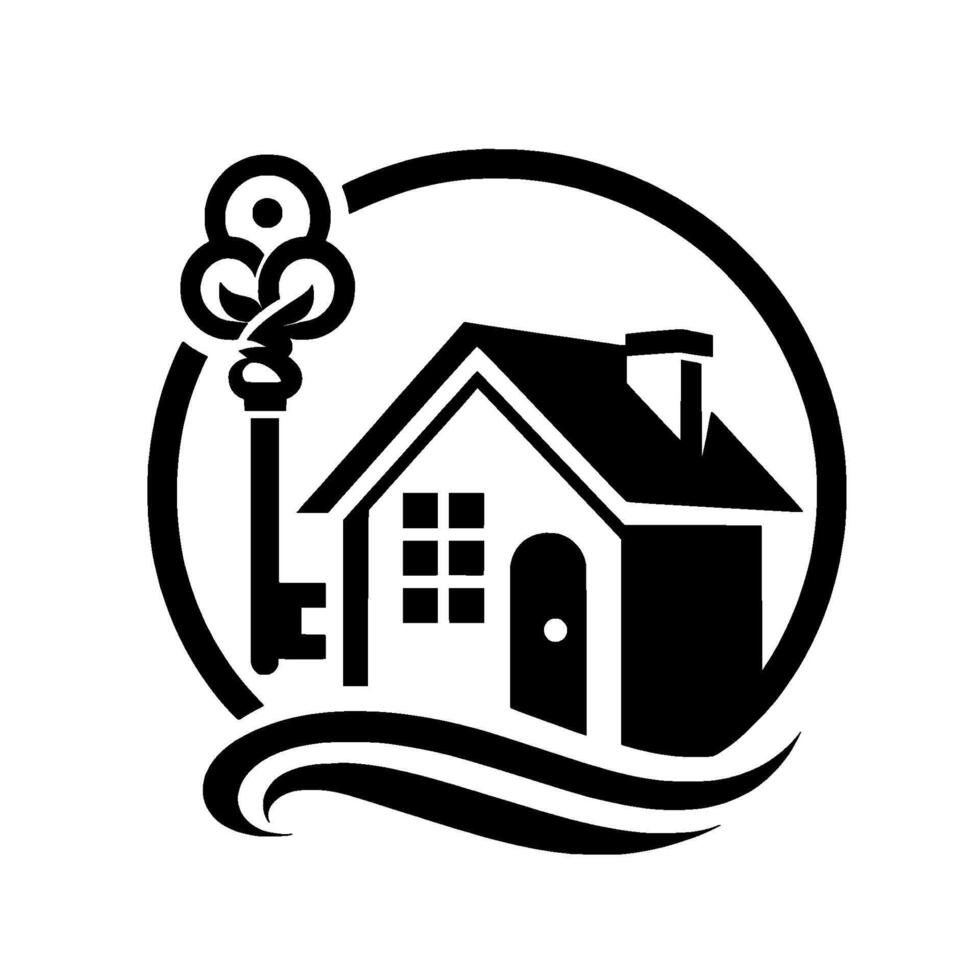 Stylized Black and White Real Estate House with ornate key, within a circle, over stylized waves, minimalist . vector