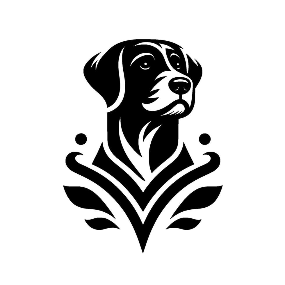 A stylized black and white portrait of a Labrador Retriever, with ornamental embellishments, showcasing regal elegance against a pure white backdrop. vector