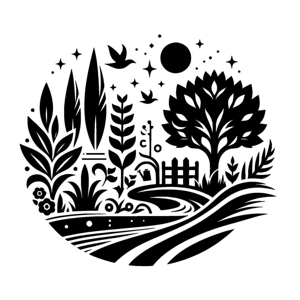 Black and White Circular Illustration of a Garden Landscape with Birds, Stars, and a Tree under a Moon. vector