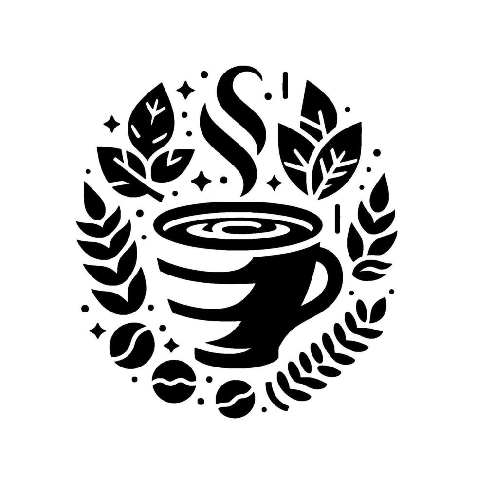 Minimalist Coffee Cup in a Botanical Circle with Steaming Aroma, Leaves, Coffee Beans, and Decorative Elements. vector