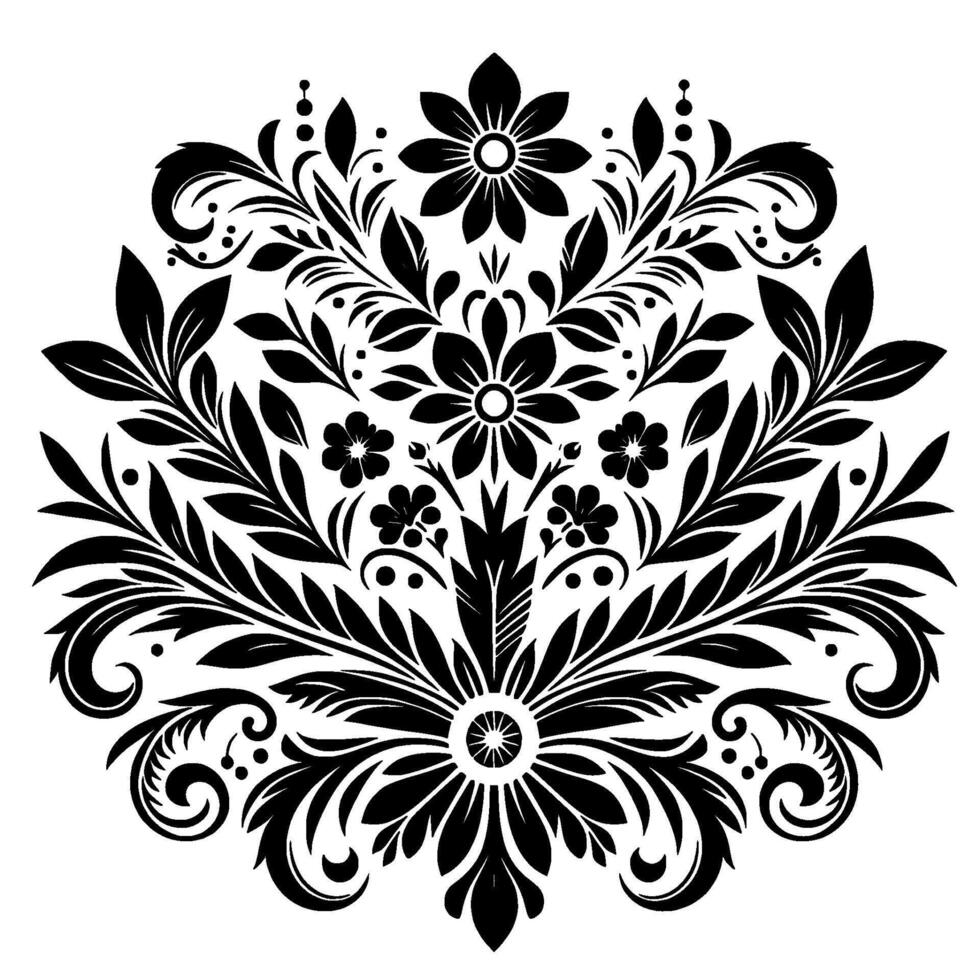 Symmetrical Black Floral Ornament Intricate Mandala with Flowers, Leaves, and Ornate Swirls, Set Against a White Backdrop. vector