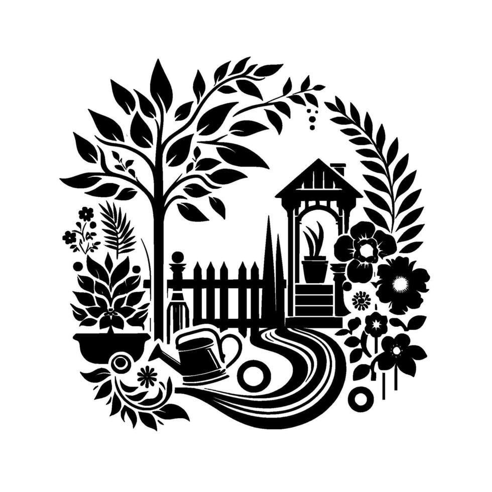 Circular Black and White Garden Silhouette with Tree, Flowers, Watering Can, Fence, and Well House, evoking a peaceful and idyllic scene. vector