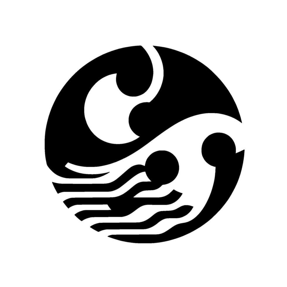 A minimalist yin and yang composition featuring waves and circular forms, rendered in contrasting black and white, inside a circle. vector