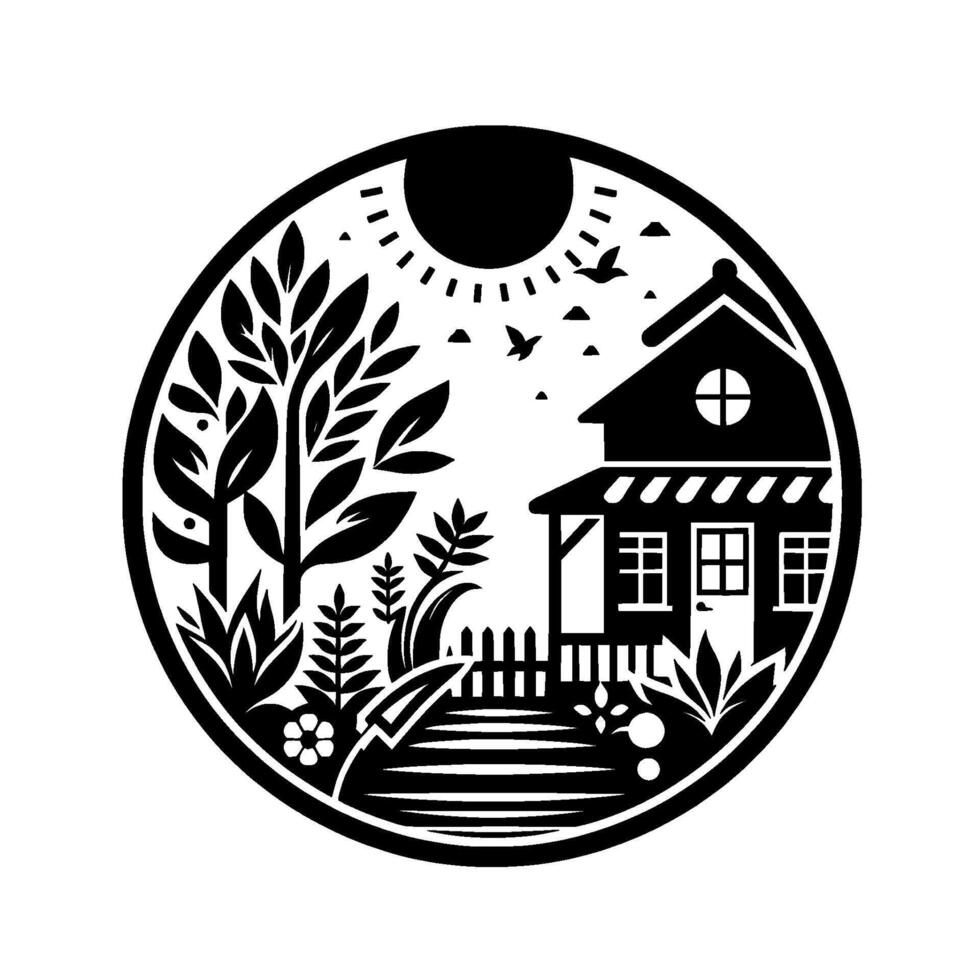 Monochromatic circular illustration of a cozy house with garden, sun, and birds, capturing a tranquil, serene atmosphere. vector