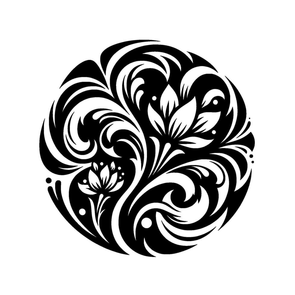 Ornate Black and White Floral Mandala , Circular Composition with Stylized Lotus and Swirling Leaves vector
