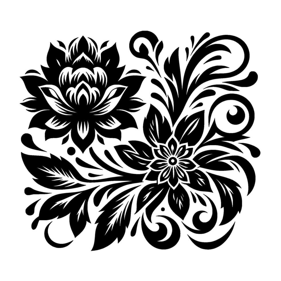 Elegant Black and White Floral Featuring Two Stylized Flowers, Leaves, and Swirls on a White Background. vector