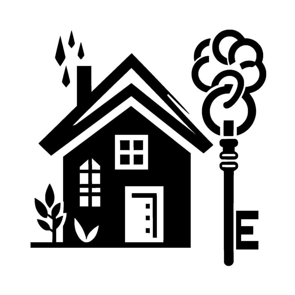 A stylized black and white illustration featuring a house, a key, and some vegetation, all in a minimalist, decorative style with a E formed by the key. vector