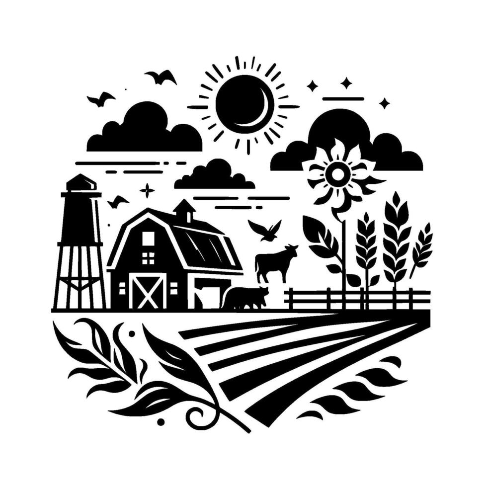 Stylized black and white farm illustration featuring barn, water tower, sun, crops, animals, and a fence, in a round . vector