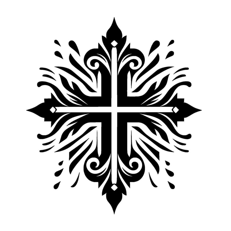 Ornate Black Cross A symmetrical, decorative representation featuring intricate leaflike patterns, swirls, and teardrop elements radiating from the central cross. vector