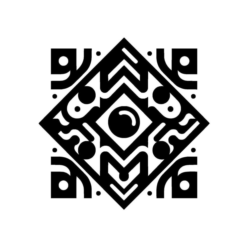 Symmetrical Black and White Geometric Pattern featuring abstract shapes, circles, and lines forming a central orblike element in a square composition. vector