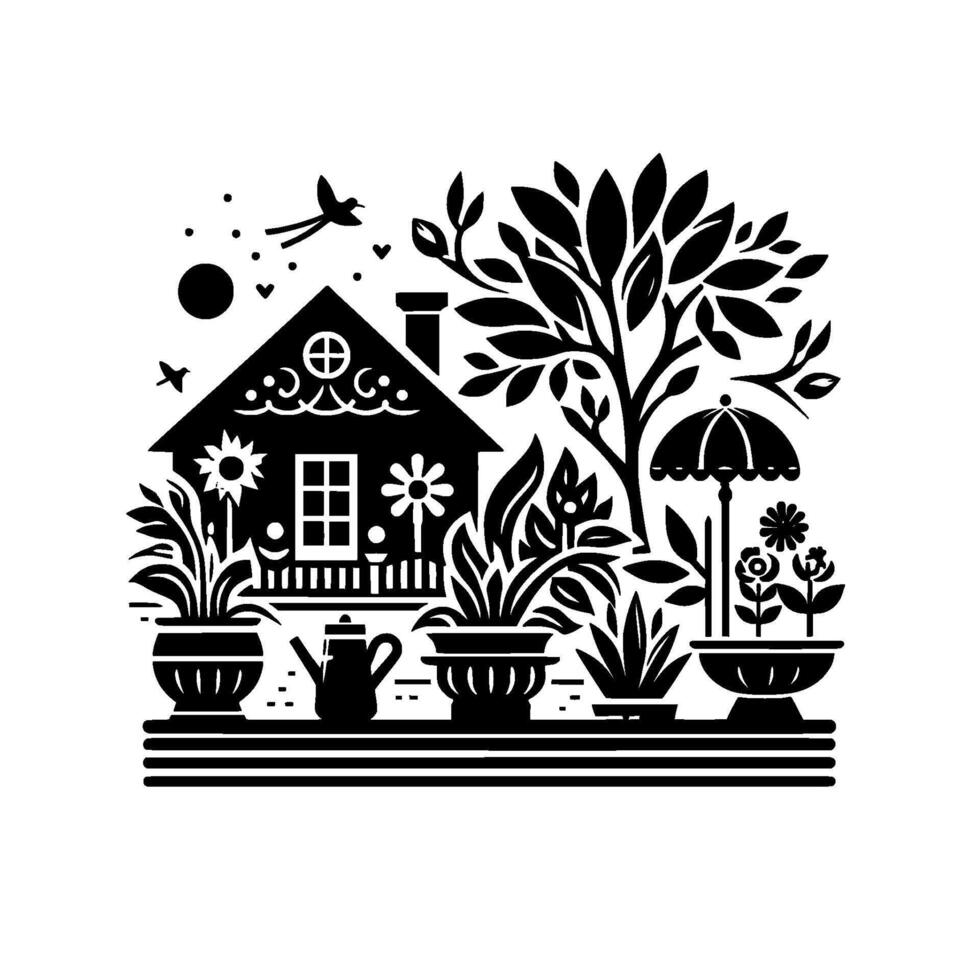 illustration of a whimsical cottage garden featuring a house, potted plants, a tree, an umbrella, birds, and a sun, all in black and white. vector