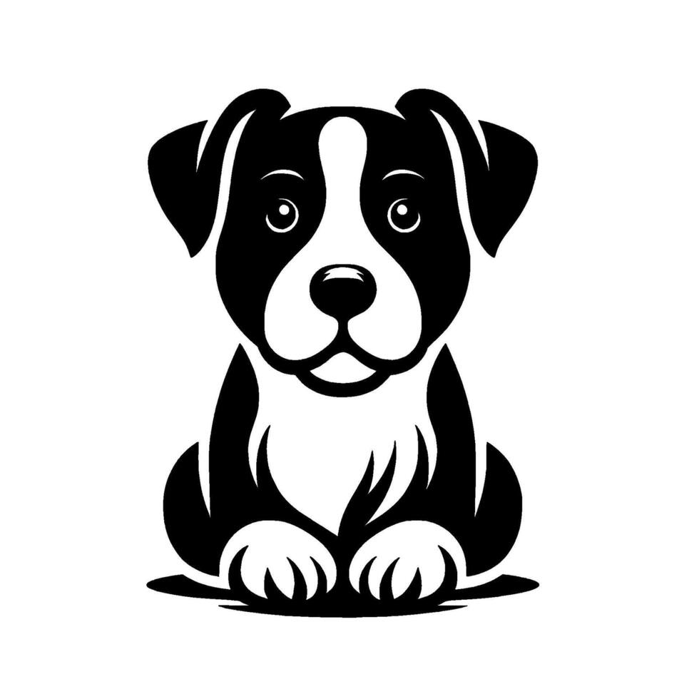 Adorable black and white puppy, sitting with symmetrical and minimalist, cartoonlike aesthetic. vector