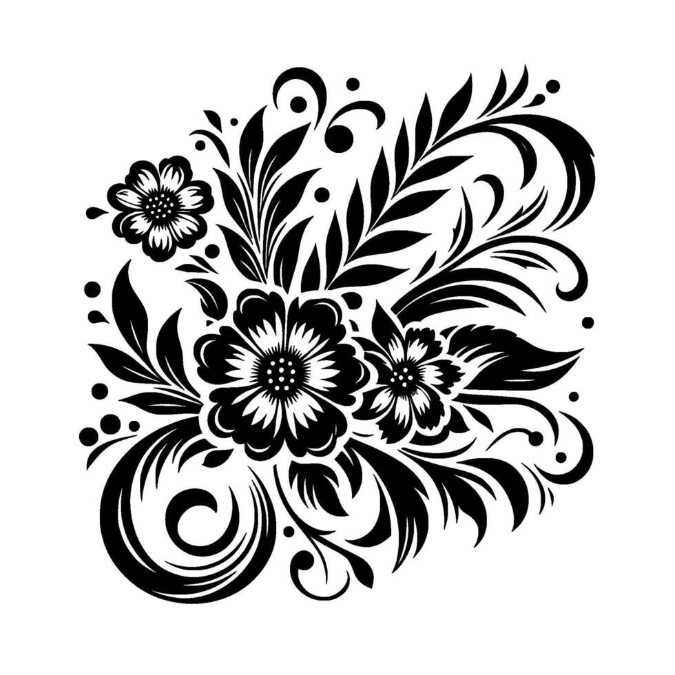 Elegant Black and White Floral A stylized symmetrical arrangement of blossoms, leaves, and flowing, decorative flourishes set against a clean white background. vector