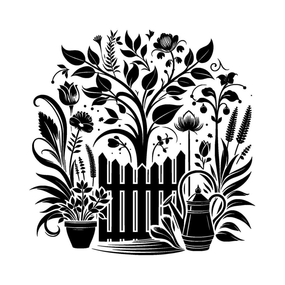 Intricate Black and White Garden with Picket Fence, Flowers, Plants, and Watering Can, Showcasing Natures Harmony. vector
