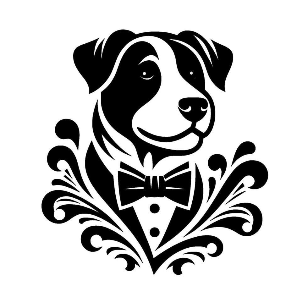 Stylized Black and White Dog Portrait in a Tuxedo, Featuring Floral Embellishments and Bowtie, Clean Art. vector