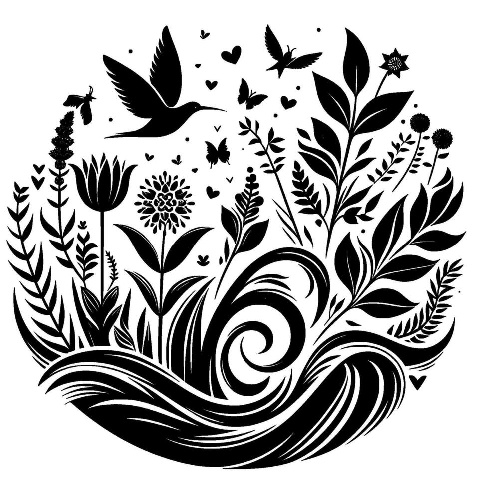 Black and white botanical illustration within a circle, featuring flowers, leaves, birds, butterflies, and hearts, evoking natures beauty. vector