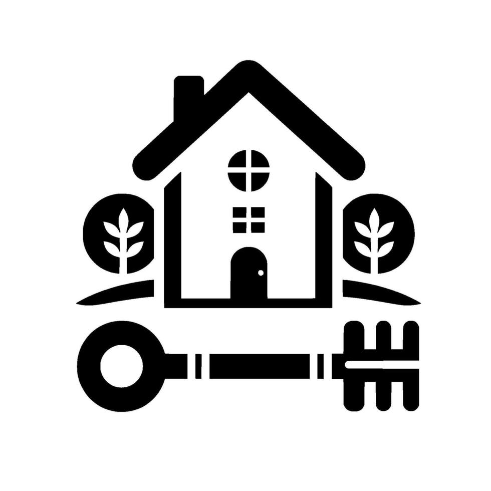 Black and White House Featuring a Key, Trees, and Geometric Elements Illustrating Real Estate and Homeownership. vector