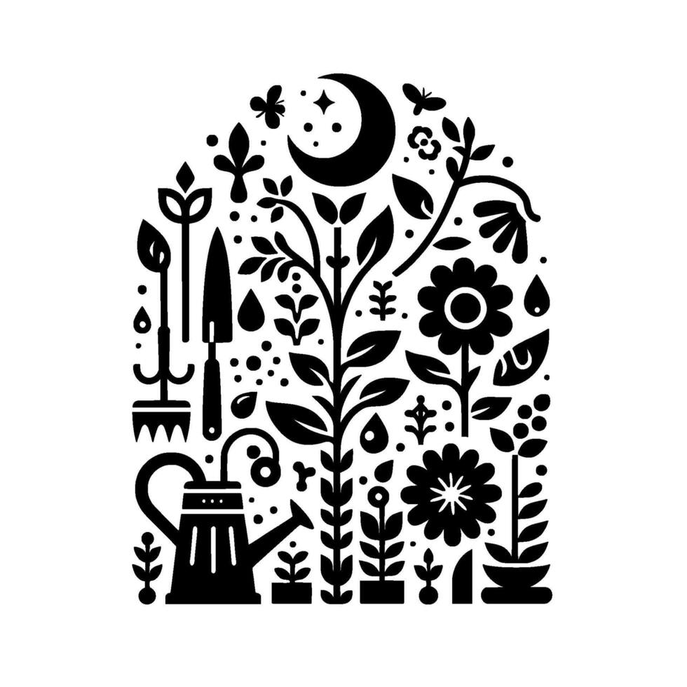 Serene nighttime garden scene, black and white illustration with a moon, stars, watering can, and floral elements. vector
