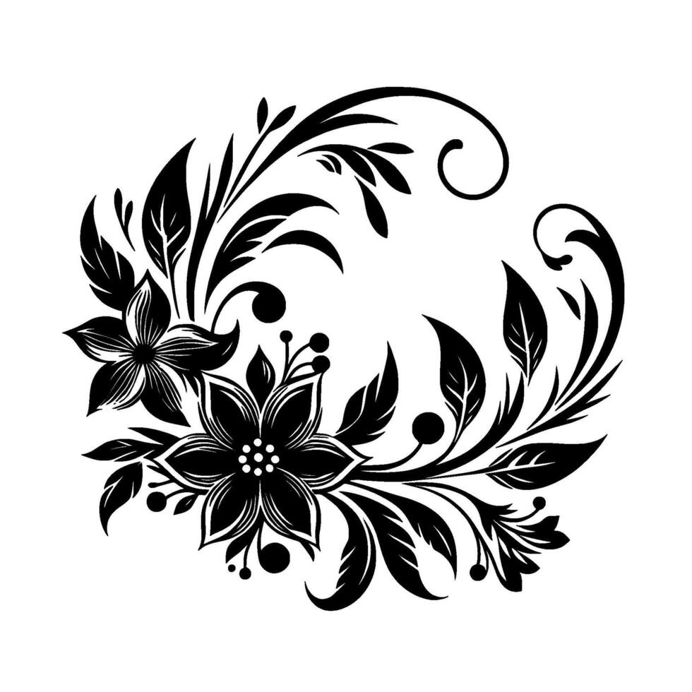 Black and White Floral Elegant Circular Arrangement of Flowers, Leaves, and Berries on a Clean White Background. vector