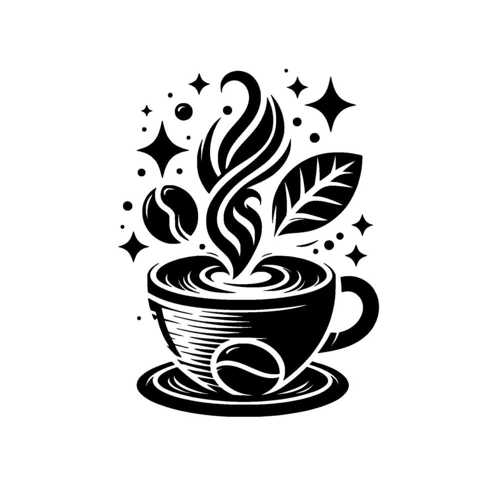 A stylish black and white illustration of a coffee cup with steam, coffee beans, leaves, and celestial sparkles, perfect for caf logos or designs. vector