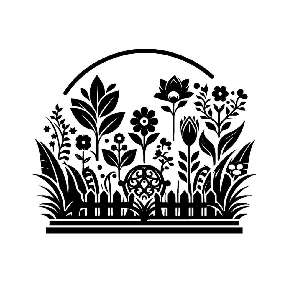 A stylized monochrome garden illustration featuring a fence, diverse plants, and floral details within a curved arch on a white background. vector