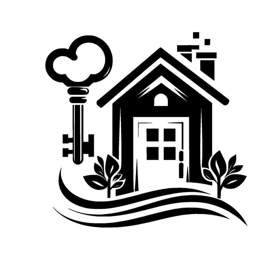 Black and White House Illustration with oversized key, wavy ground lines, and foliage, symbolizing home ownership and security. vector