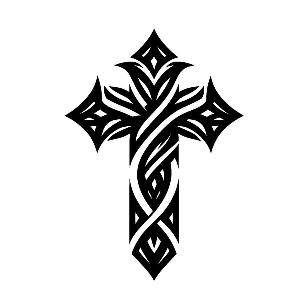 An intricate black and white Christian cross featuring interwoven lines, geometric shapes, and a tribal aesthetic on a plain white backdrop. vector