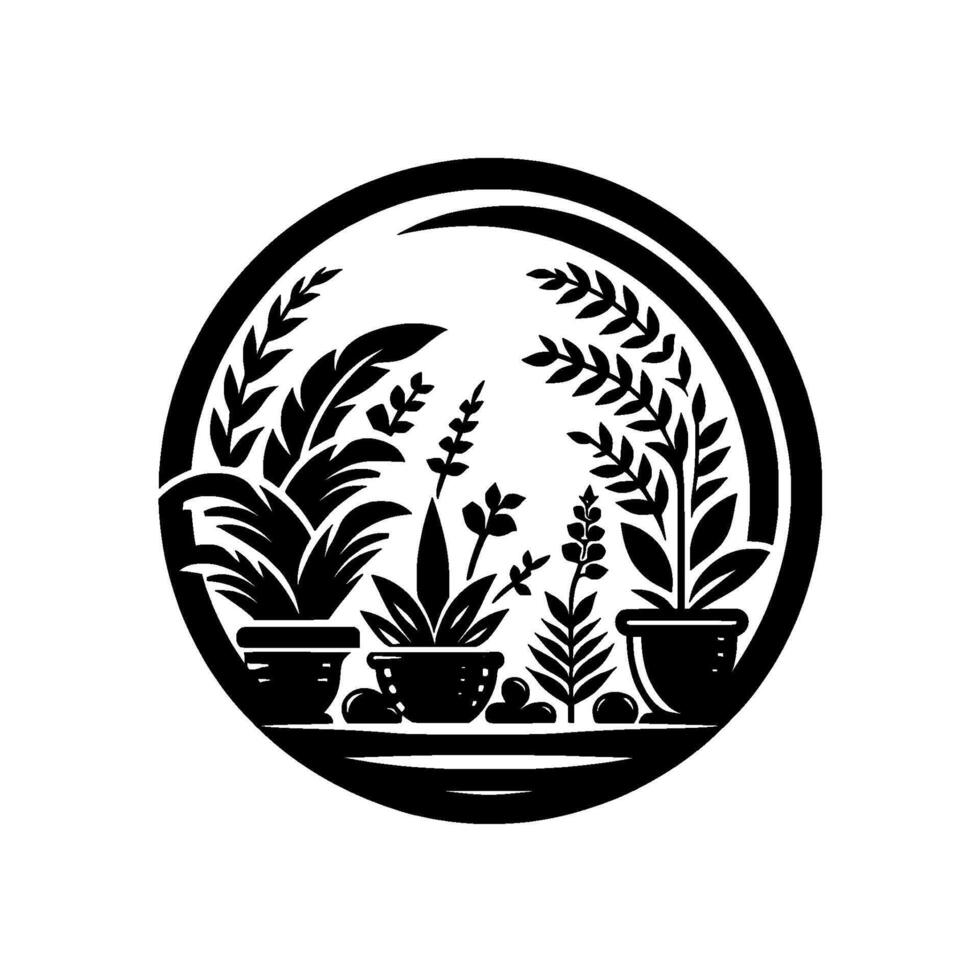 Intricate Black White Circular Illustration of Potted Plants, Lush Foliage, Minimalist, Botanical, Element. vector