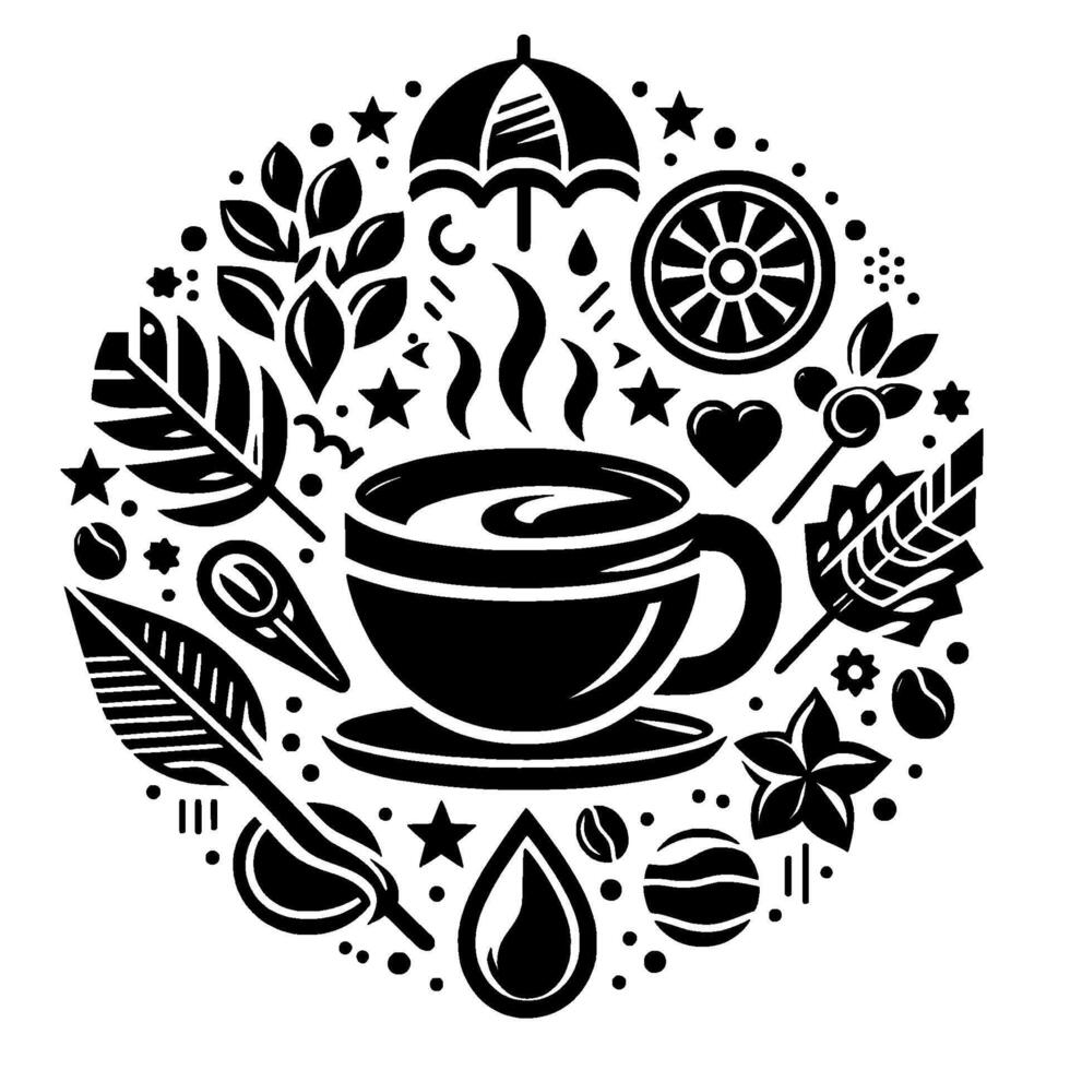 Circular black and white illustration steaming coffee cup, umbrella, leaves, stars, and various symbolic elements in a stylized . vector