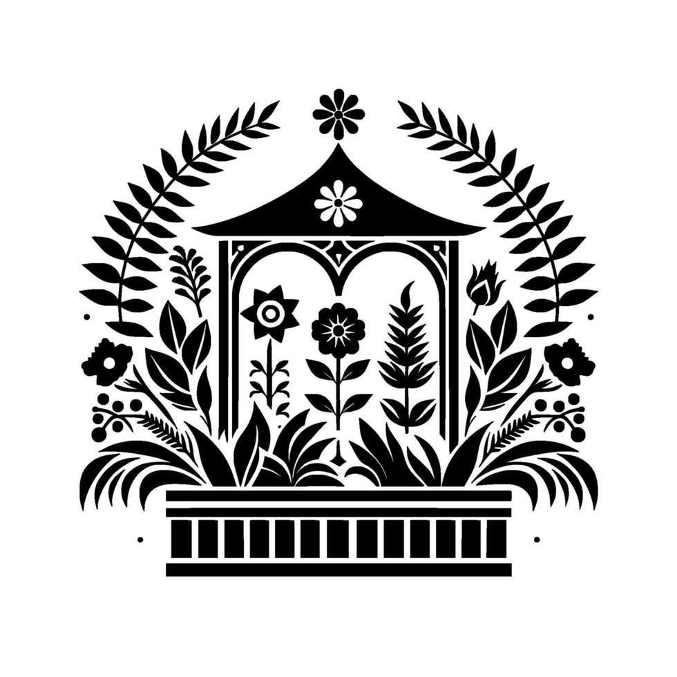 Stylized black white garden illustration featuring a gazebo, abundant floral and leafy vegetation, and a symmetrical arrangement, evoking a calming, decorative aesthetic. vector