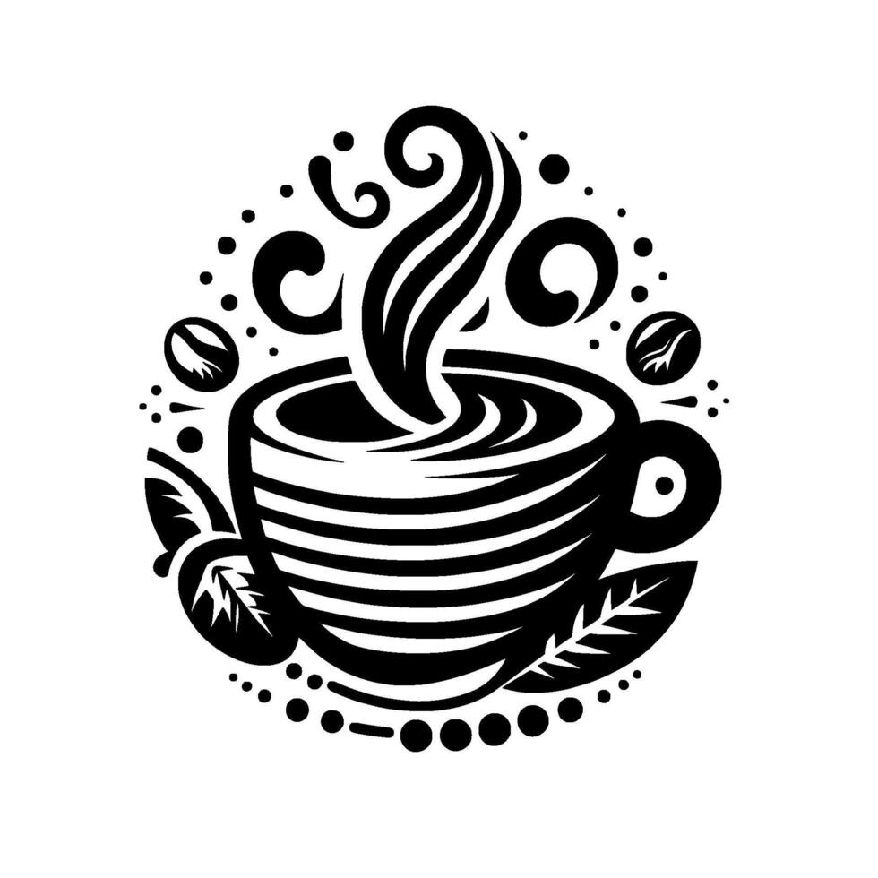 Stylized Black White Coffee Cup Illustration with Steam, Beans, and Foliage on White Background. vector