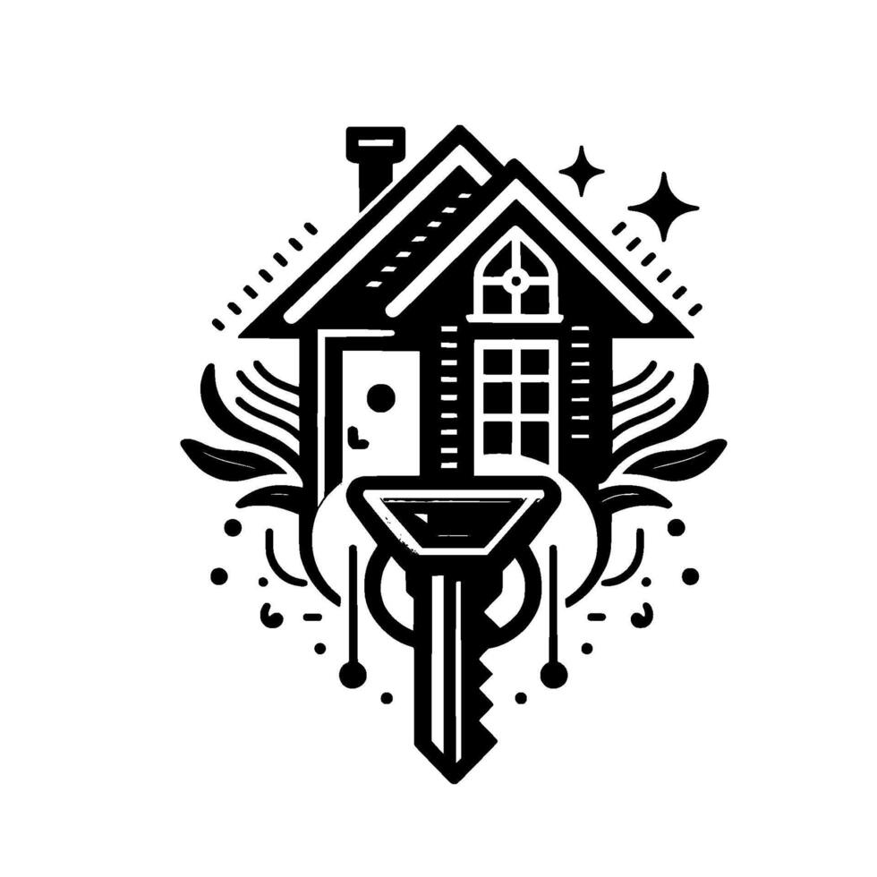 Black and white illustration of a house, key, and foliage, symbolizing home ownership and security with decorative details. vector