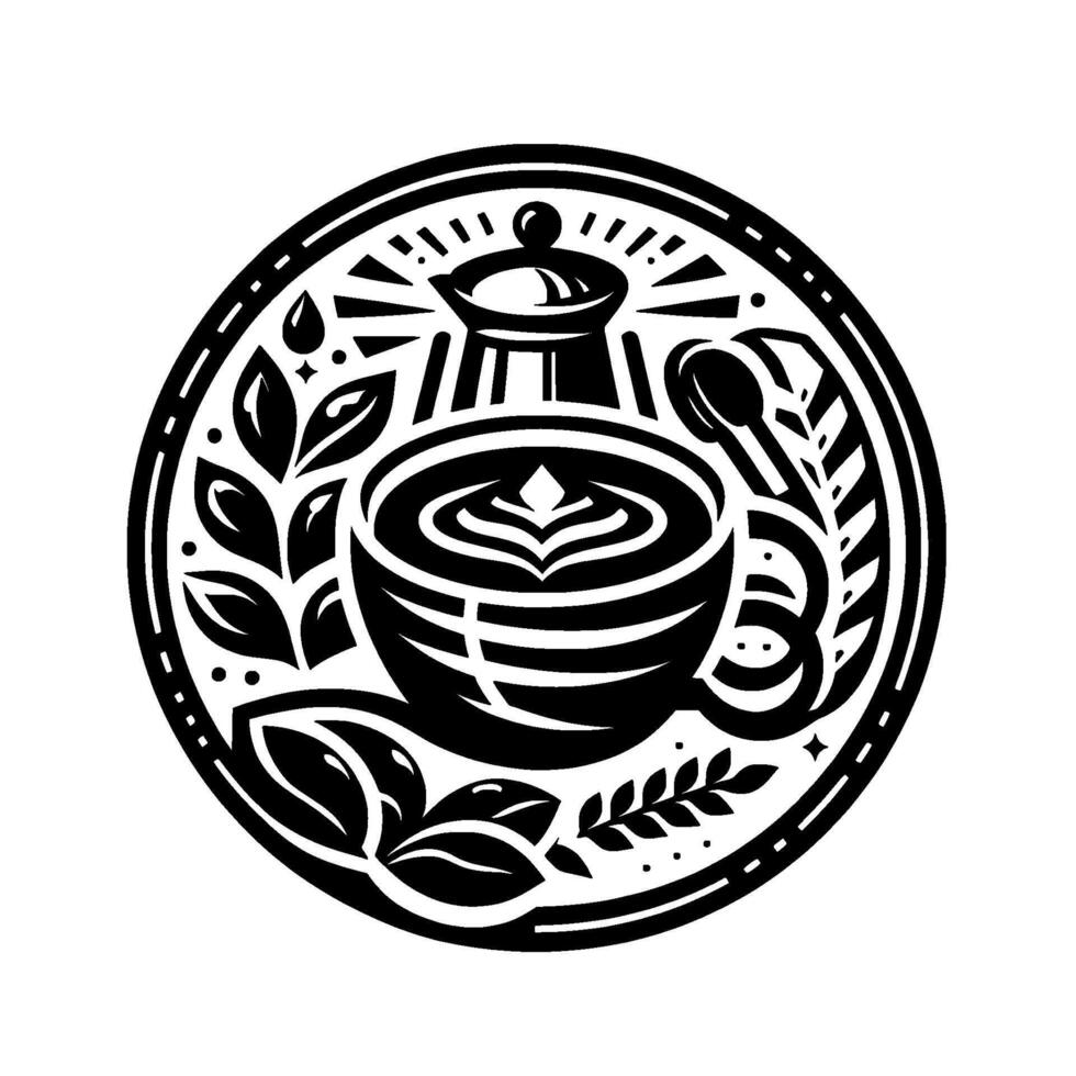 Intricate, circular, black and white coffee illustration with coffee cup, coffee maker, leaves, beans, and spoon, for cafe . vector