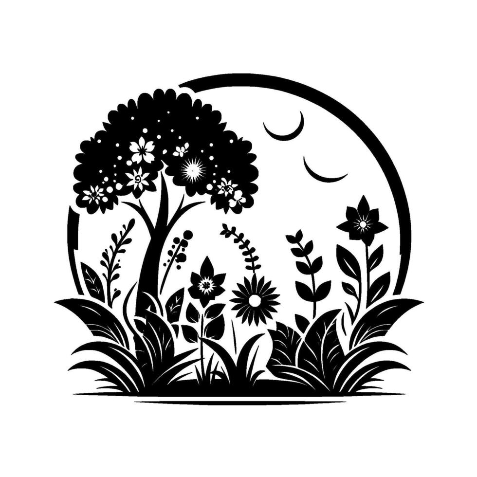 A stylized black and white circular illustration featuring a flowering tree, diverse plants, and crescent moons, evoking natures elegance. vector