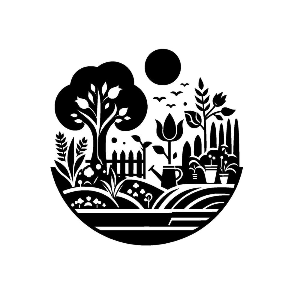 Whimsical Black and White Garden Illustration Tree, Flowers, Birds, Sun, and Fence in a Circular Composition vector
