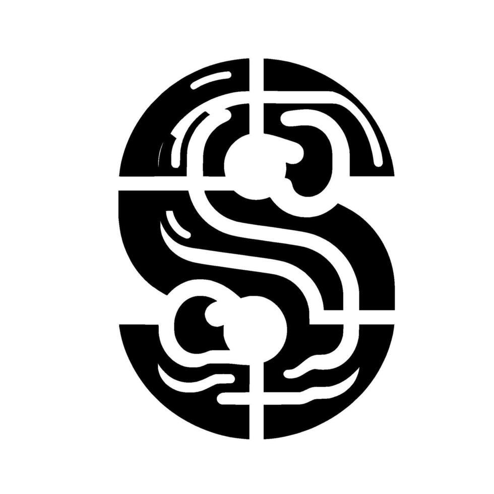 Bold, abstract S composed of stylized geometric shapes and swirling lines, presented in stark black and white. vector