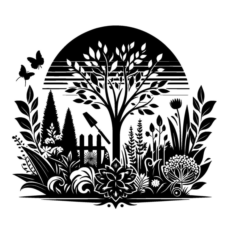 Black and white garden illustration featuring a tree, a spade, butterflies, flowers, plants, picket fence, with a sun or moon background. vector