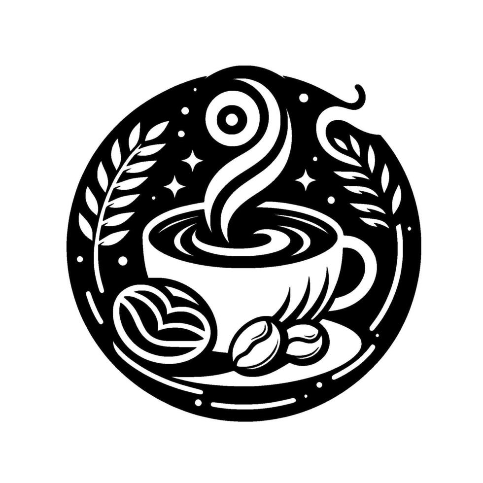 Intricate black and white coffee cup with steam, beans, and leaves within a circular frame, on white background. vector