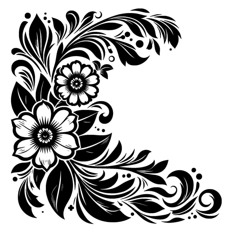 Elegant black and white floral corner featuring stylized flowers, leaves, and decorative flourishes, perfect for borders. vector