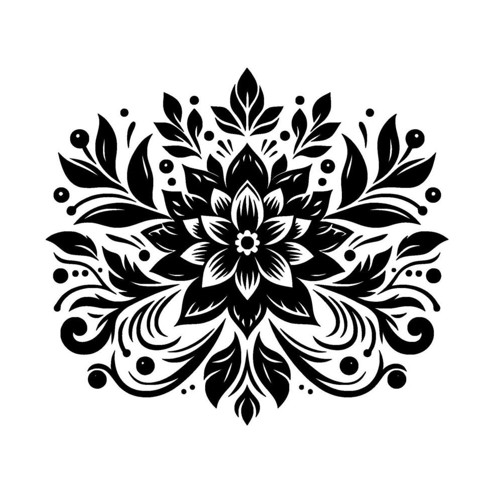 Symmetrical Black and White Floral Mandala with Intricate Leaf and Berry Adornments on a White Background. vector