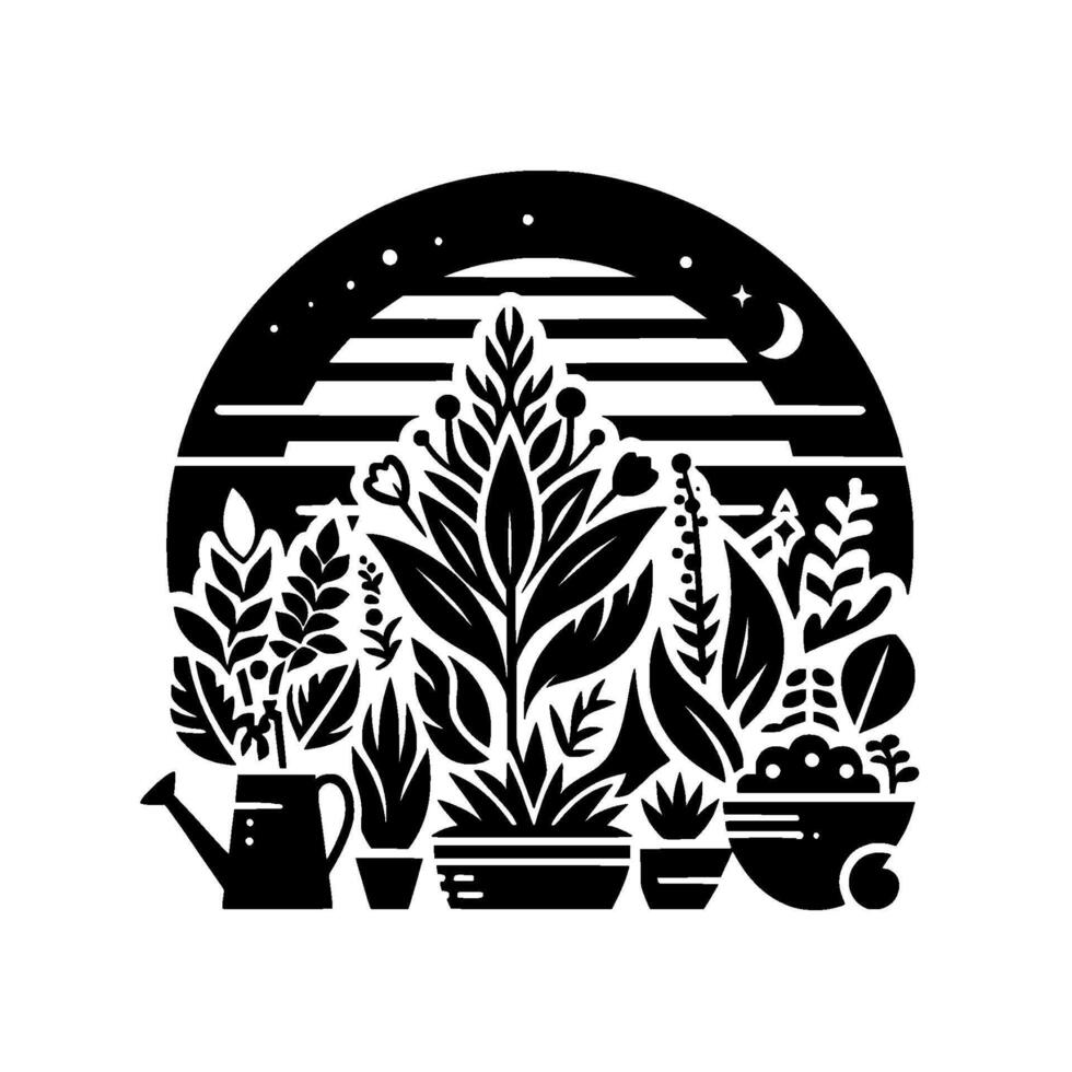 Black and White Botanical Garden Illustration Under a Night Sky Arch, Featuring a Watering Can, Various Plants, and Potted Flora. vector