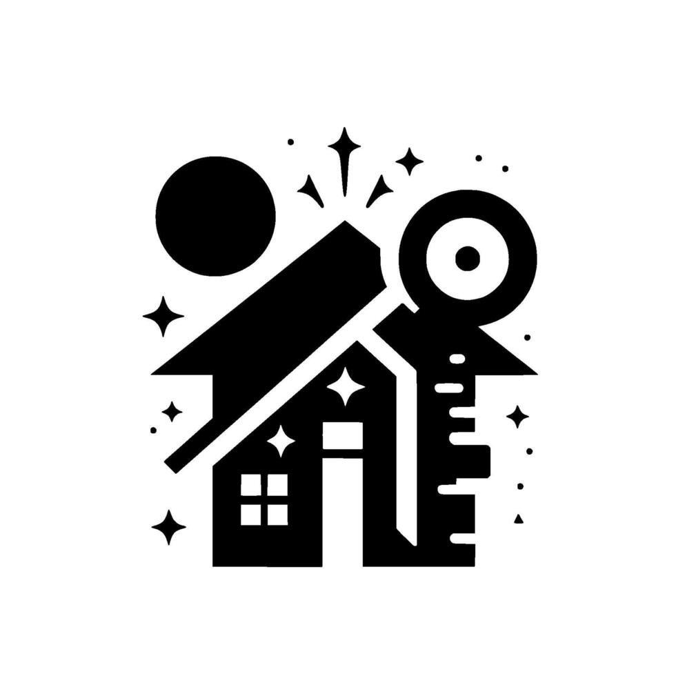 Minimalist Black House with KeyholeShaped Key and Sparkles Home Security, Real Estate Concept. vector