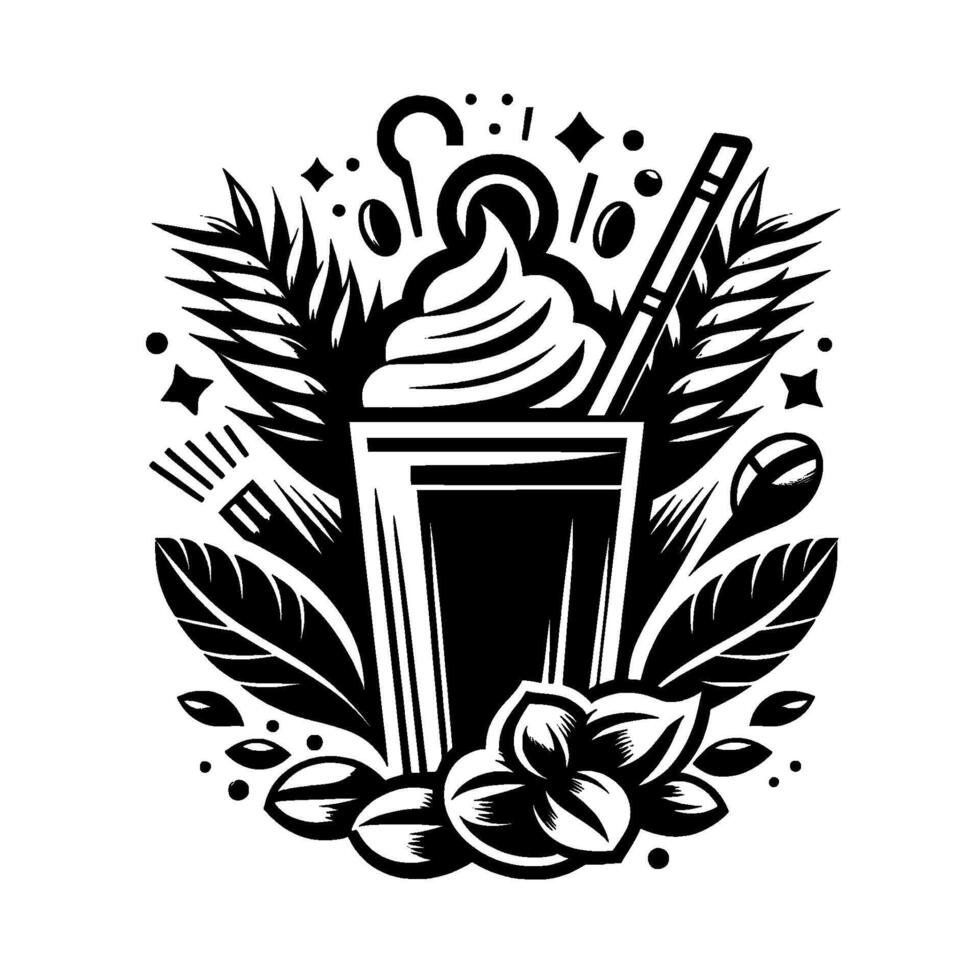 Stylized Monochrome Illustration of a Whipped Cream Drink with Coffee Beans, Leaves, and Floral Accents, Surrounded by Decorative Elements. vector